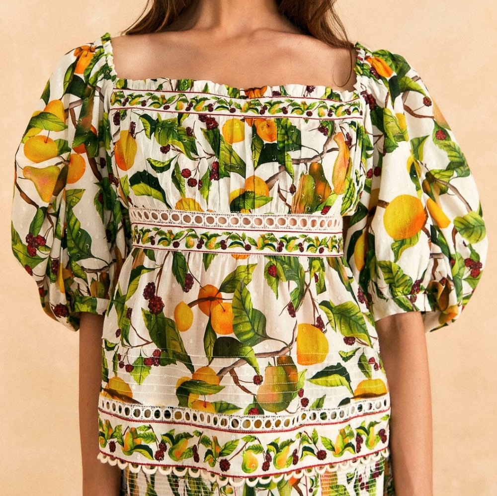 Farm Rio Off-White Fruit Orchard Blouse Size Large